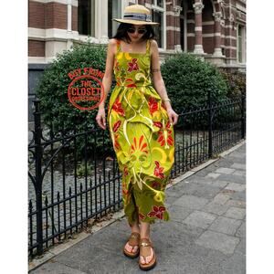 Zara NWT Green Floral Cotton Square Neck A Line Midi Dress M